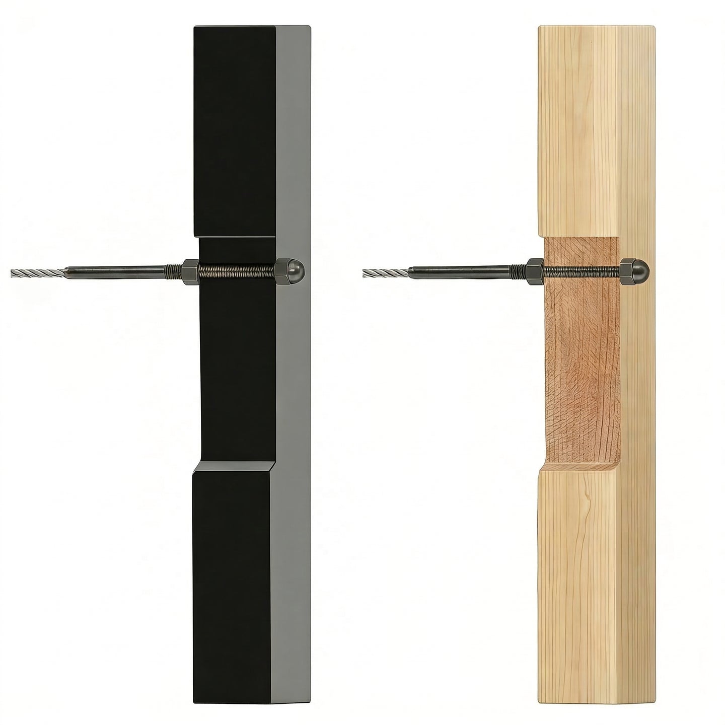 Cross section view of black 4 inch threaded stud cable tensioner installed through metal and wood posts