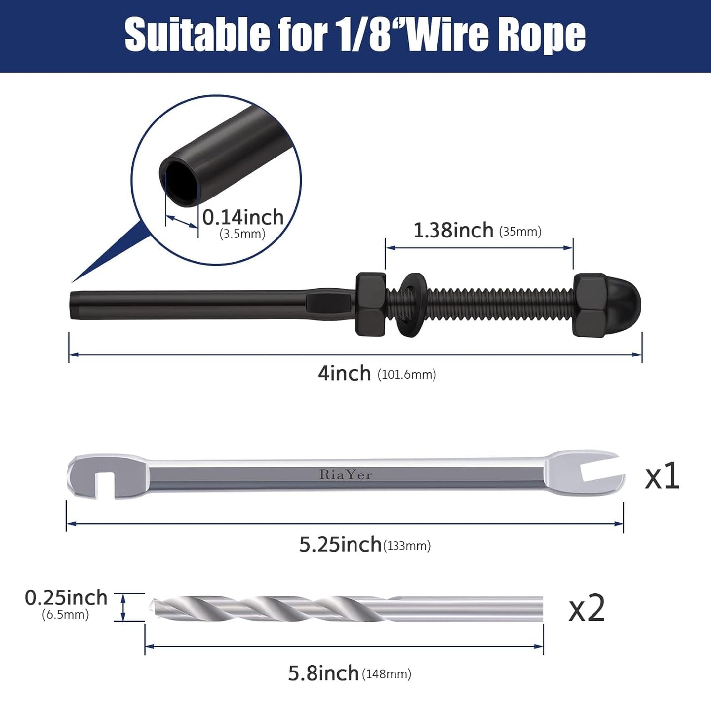 Dimensions for 4 inch black threaded stud terminal for 1/8 wire rope