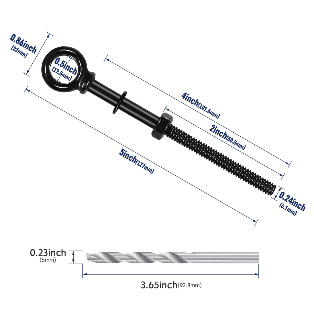 	Dimensions for 1/4 inch extra long black eye bolt with 4 inch thread