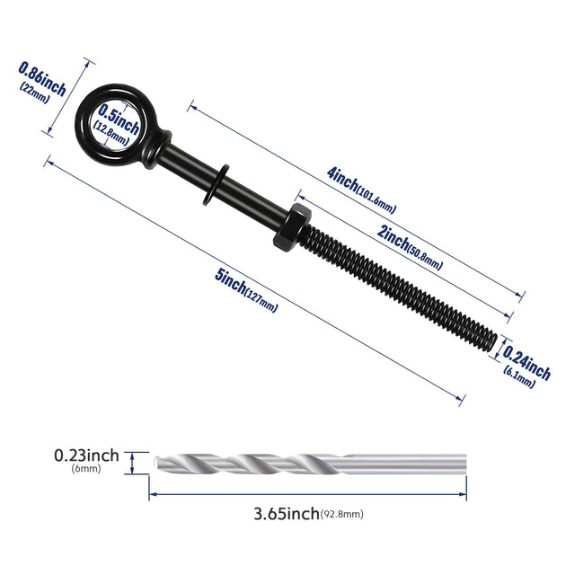 	Dimensions for 1/4 inch extra long black eye bolt with 4 inch thread