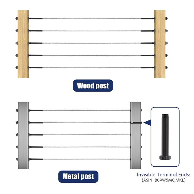 Black 4 inch threaded stud tensioner installed in wood and metal posts