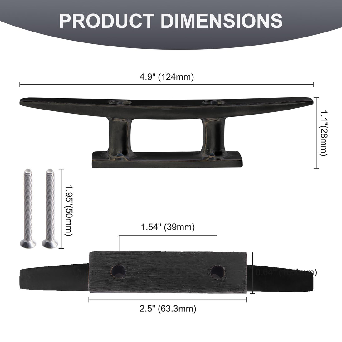 Dimensions and size chart for the 5 inch open base boat cleat