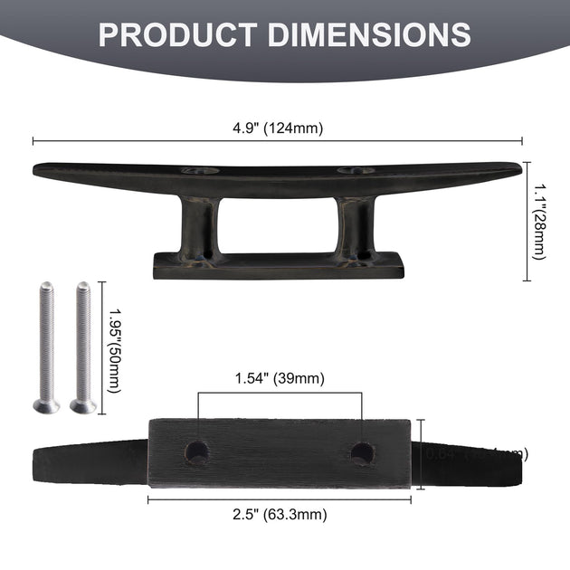 Dimensions and size chart for the 5 inch open base boat cleat