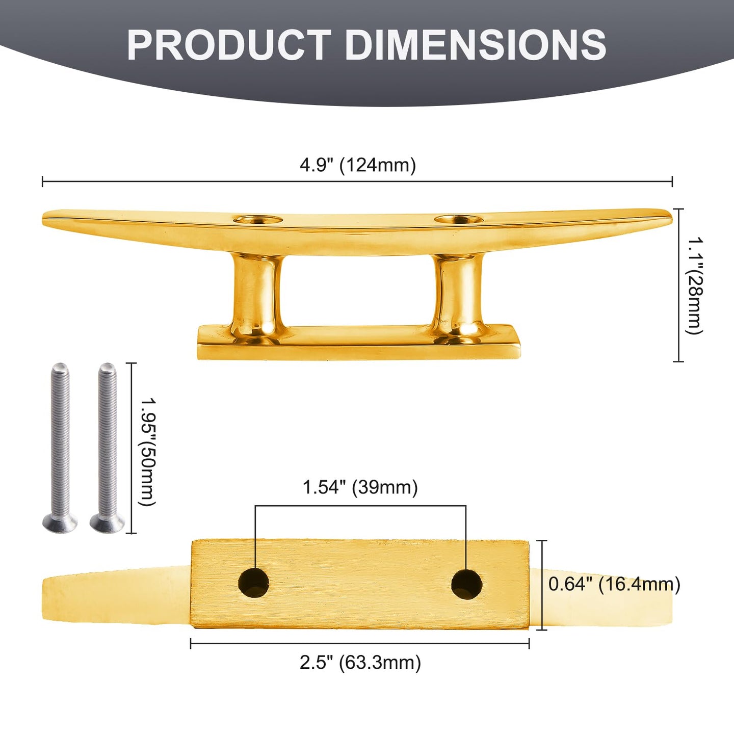 Dimensions and size chart for the 5 inch open base boat cleat