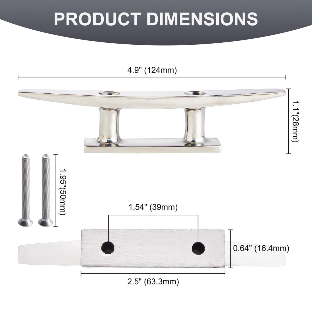 Dimensions and size chart for the 5 inch open base boat cleat