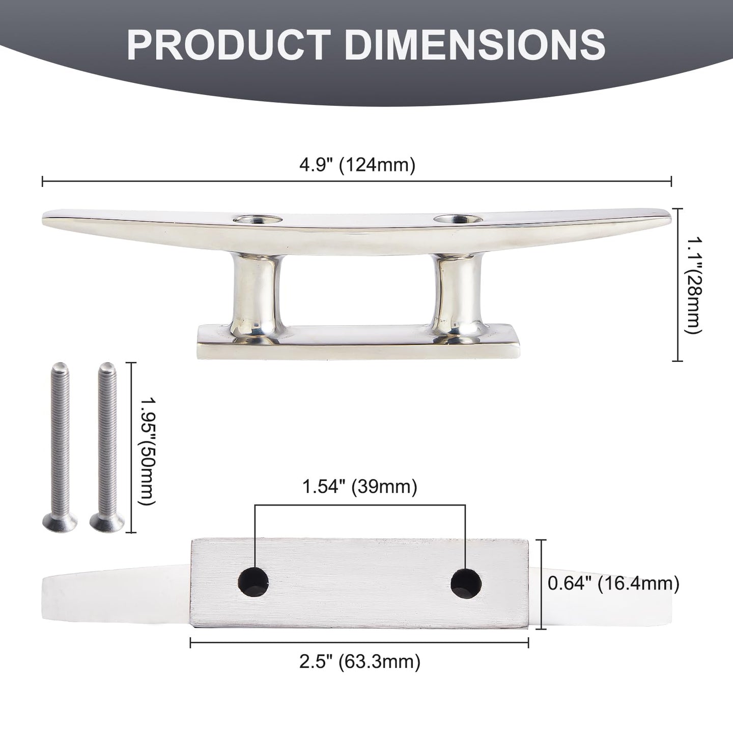 Dimensions and size chart for the 5 inch open base boat cleat