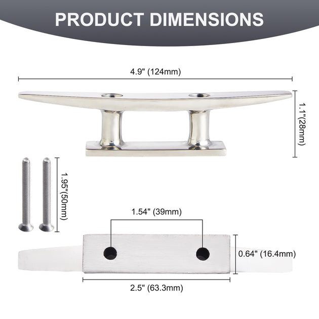 Dimensions and size chart for the 5 inch open base boat cleat