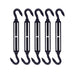A 5-pack bundle of black stainless steel hook and hook turnbuckles, laid out on a white background, ideal for quick connection and tensioning of outdoor wire ropes.