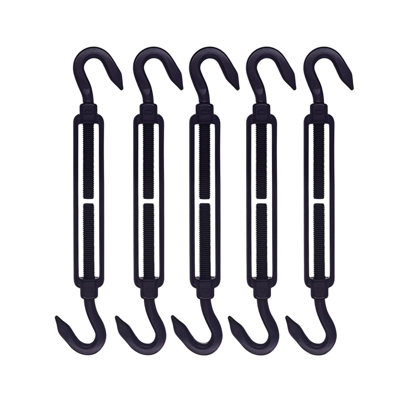 A 5-pack bundle of black wire rope tensioner hook turnbuckles, isolated on a white background for DIY suspension projects.