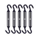 A 5-pack bundle of black wire rope tensioner hook turnbuckles, isolated on a white background for DIY suspension projects.