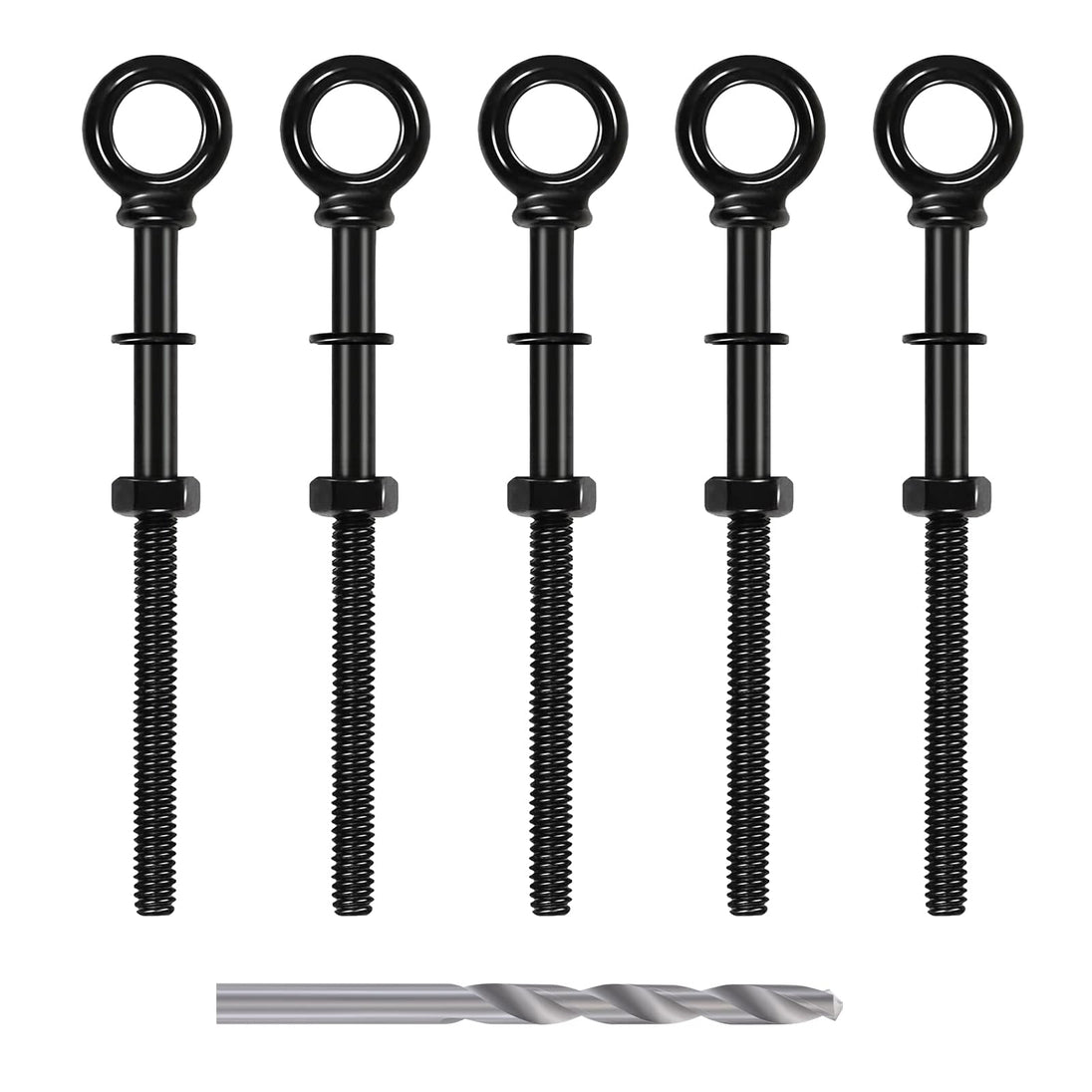 5 pack of long thread black stainless steel eye bolts with included drill bit