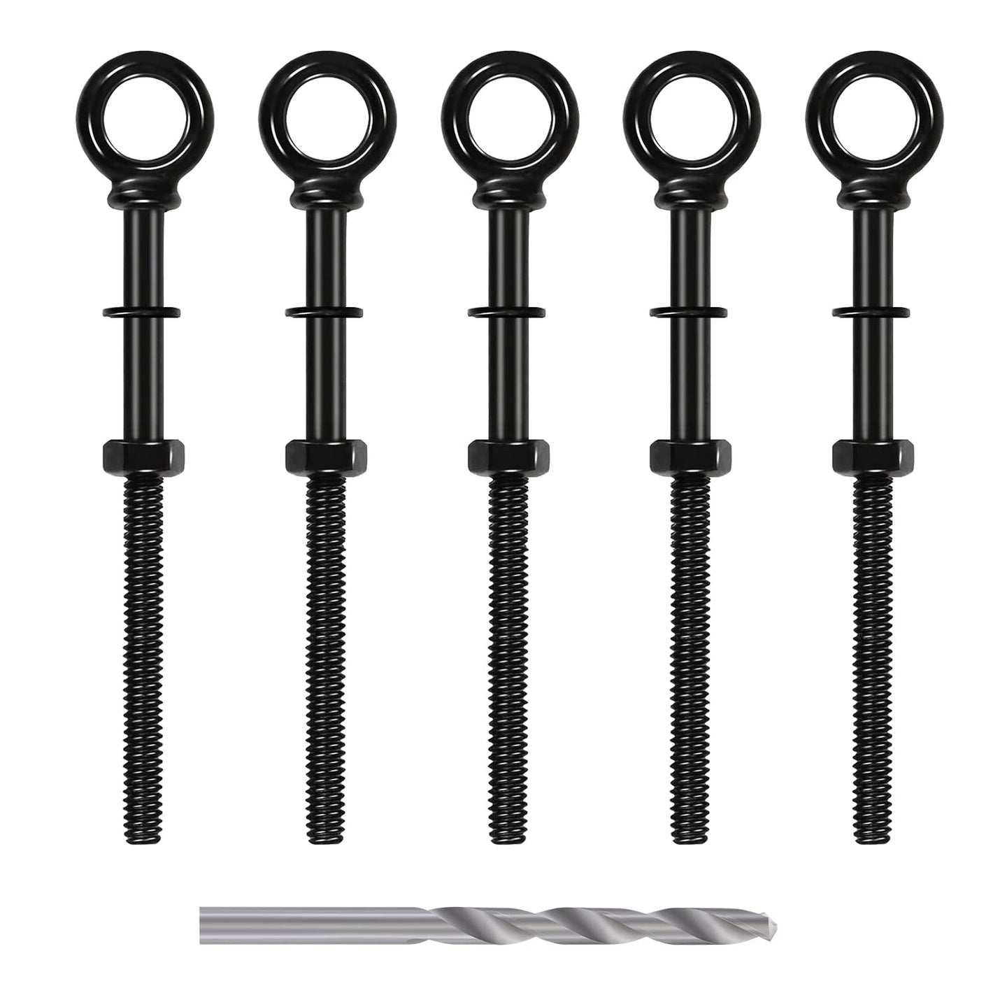 5 pack of long thread black stainless steel eye bolts with included drill bit
