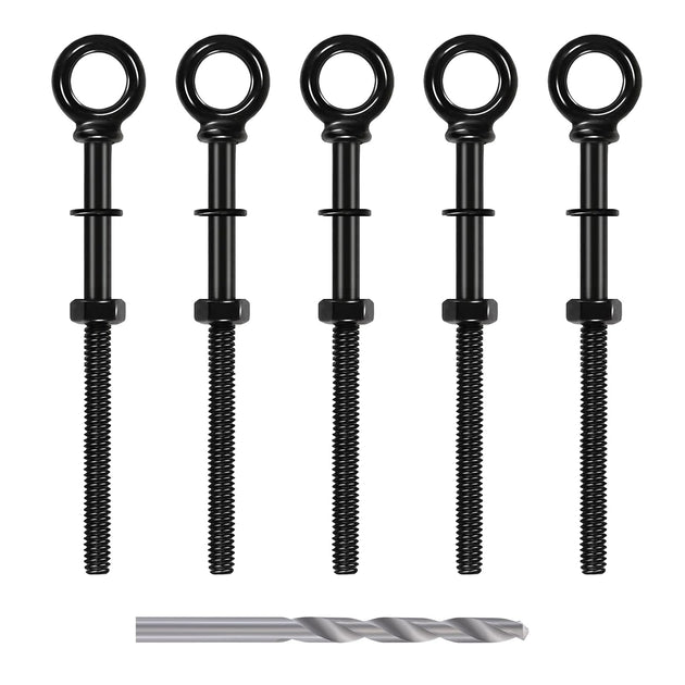 5 pack of long thread black stainless steel eye bolts with included drill bit