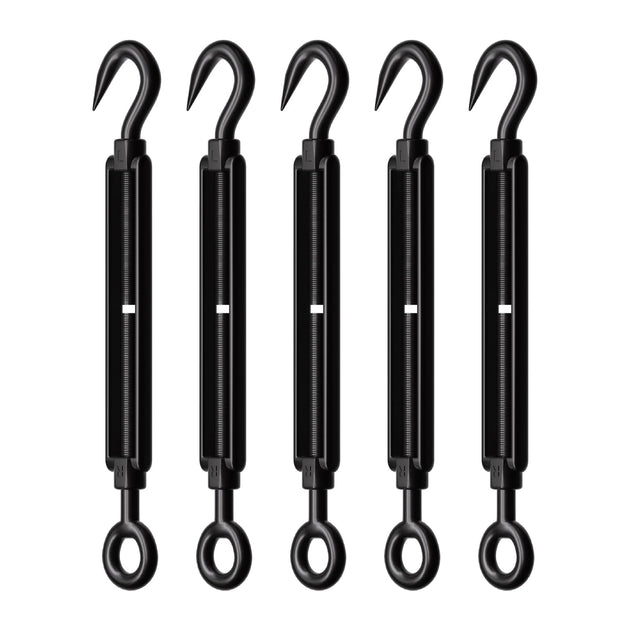 A 5-pack bundle of black stainless steel wire turnbuckles, a durable hardware supply favored by professional landscape contractors.
