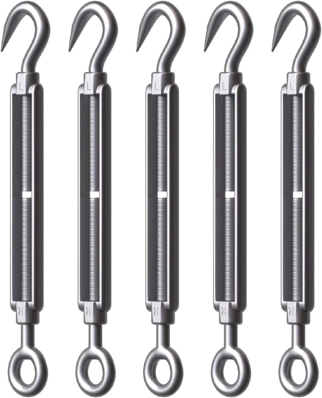 A 5-piece bundle of stainless steel turnbuckles, an essential hardware component for maintaining tension in vineyard and agricultural wire trellis systems.