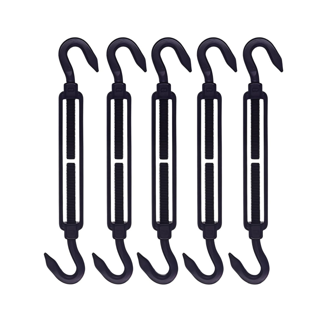A 5-piece bundle of heavy-duty black rigging hook turnbuckles, presented on a white background, perfect for multiple outdoor tensioning tasks.
