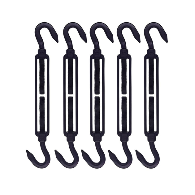 A 5-piece bundle of heavy-duty black rigging hook turnbuckles, presented on a white background, perfect for multiple outdoor tensioning tasks.