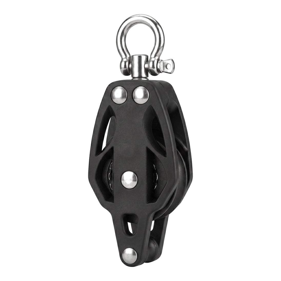 Studio shot of a 50mm heavy-duty black stainless steel single swivel pulley block, featuring a smooth rotating ring for marine and industrial rigging.