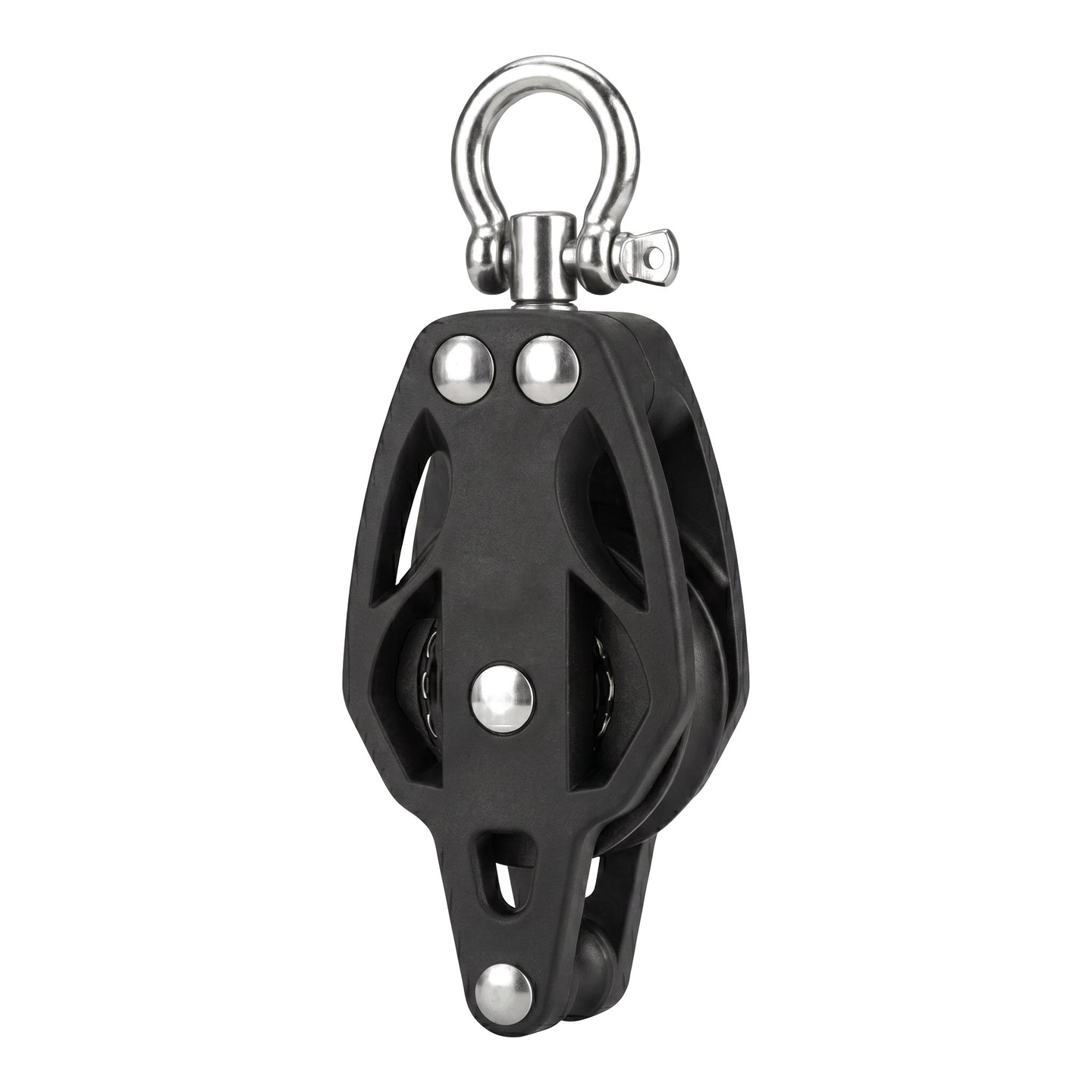 Studio shot of a 50mm heavy-duty black stainless steel single swivel pulley block, featuring a smooth rotating ring for marine and industrial rigging.
