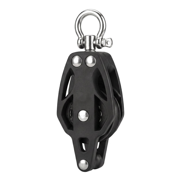 Studio shot of a 50mm heavy-duty black stainless steel single swivel pulley block, featuring a smooth rotating ring for marine and industrial rigging.