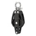 Studio shot of a 50mm heavy-duty black stainless steel single swivel pulley block, featuring a smooth rotating ring for marine and industrial rigging.