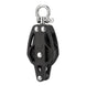 Studio shot of a 50mm heavy-duty black stainless steel single swivel pulley block, featuring a smooth rotating ring for marine and industrial rigging.