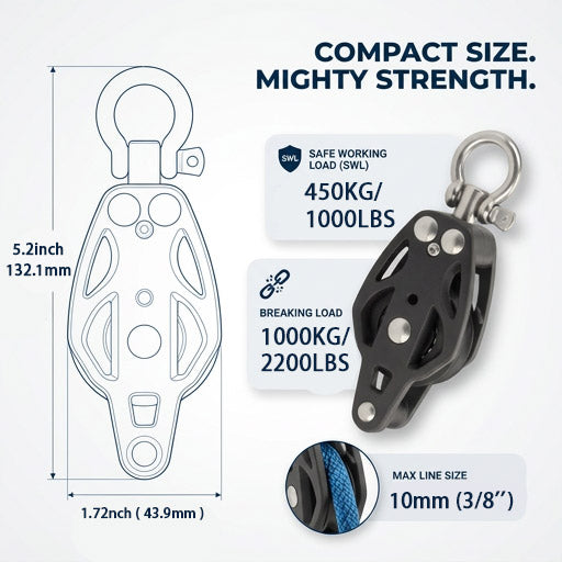 Detailed dimension and specification diagram for a 50mm heavy-duty black swivel pulley block, highlighting its compact size and high load capacity.