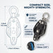 Detailed dimension and specification diagram for a 50mm heavy-duty black swivel pulley block, highlighting its compact size and high load capacity.