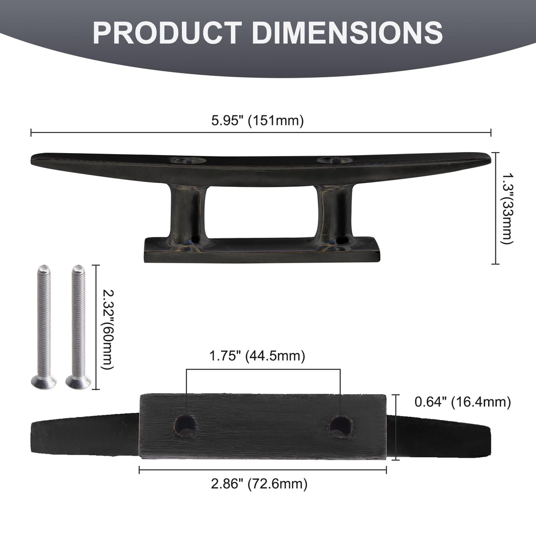 Dimensions for the heavy duty 6 inch marine mooring cleat