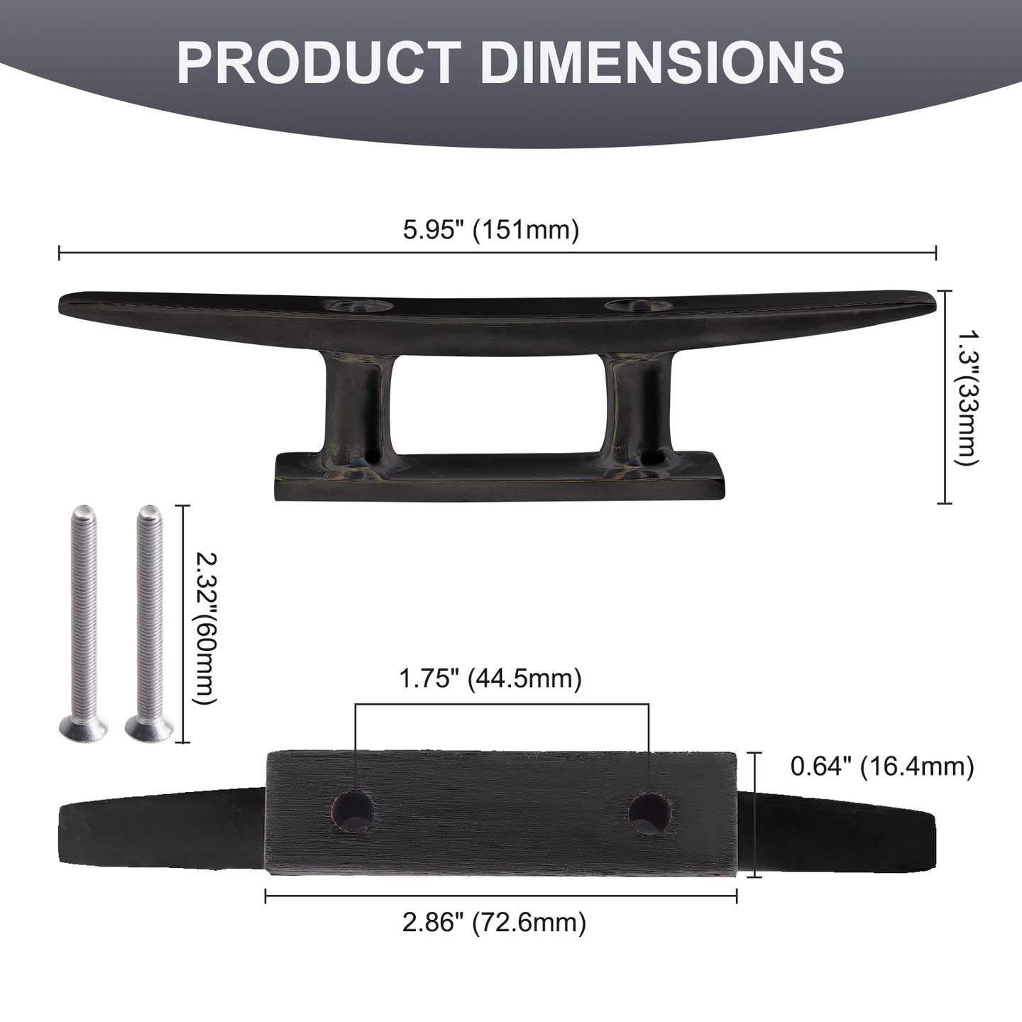 Dimensions for the heavy duty 6 inch marine mooring cleat
