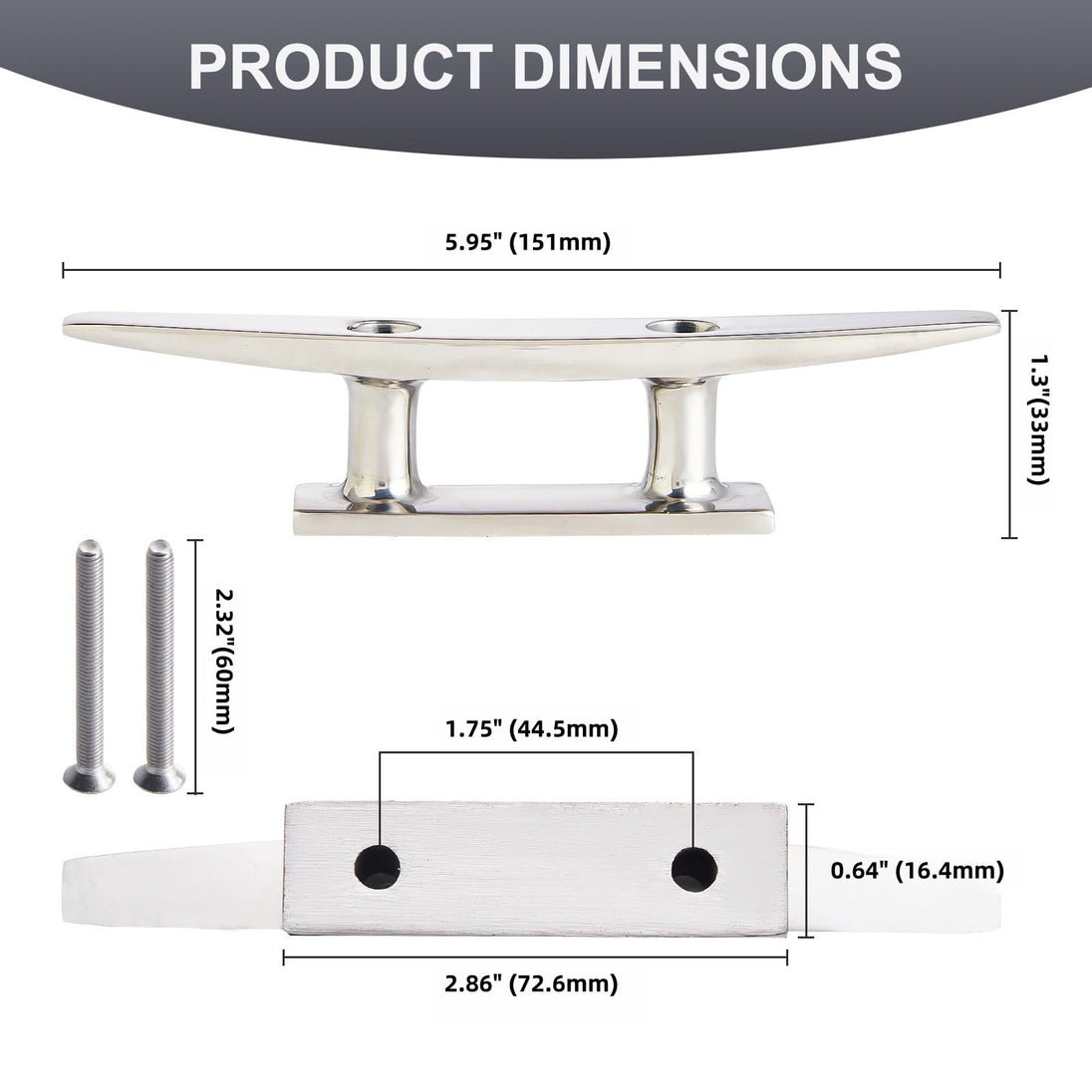 Dimensions for the heavy duty 6 inch marine mooring cleat
