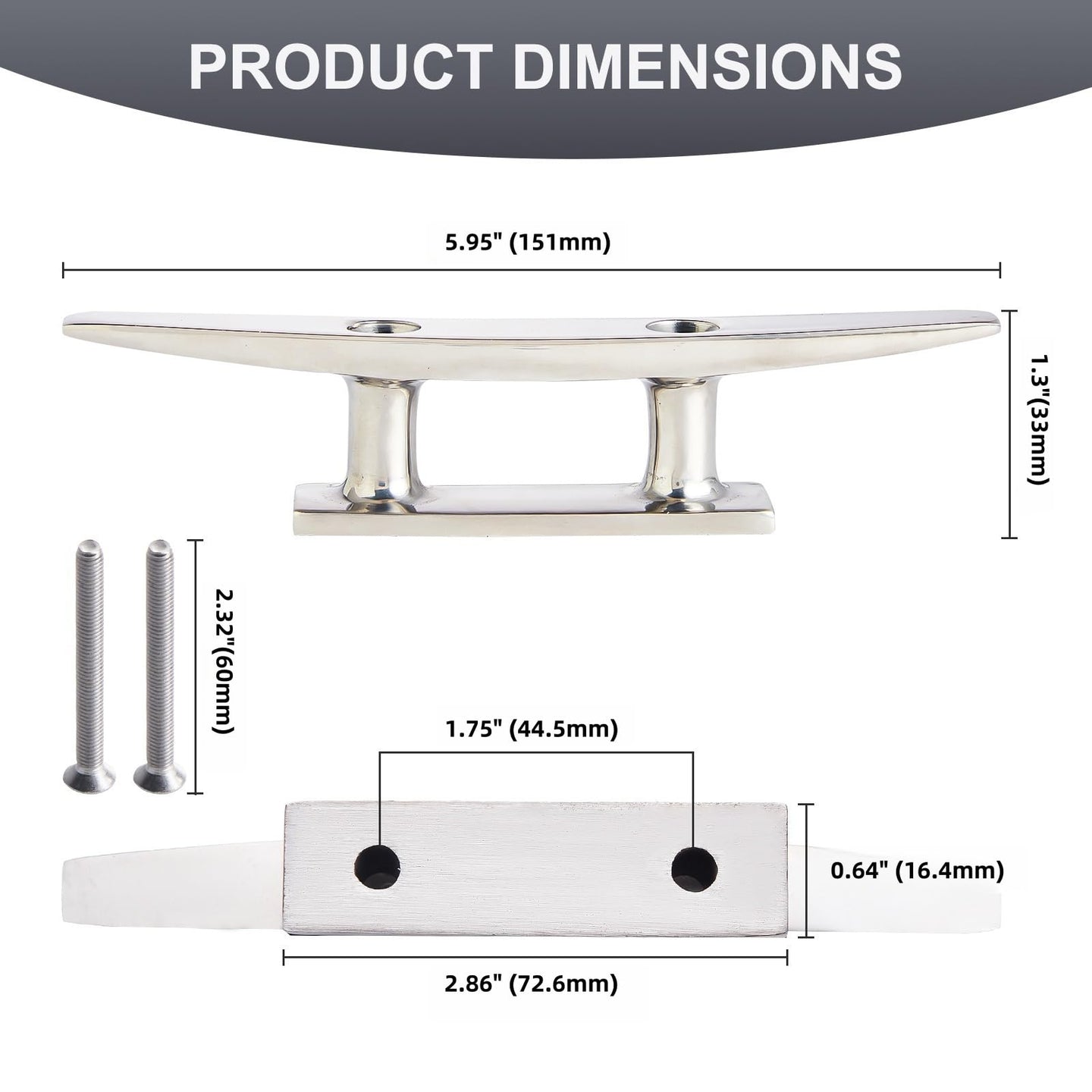 Dimensions for the heavy duty 6 inch marine mooring cleat