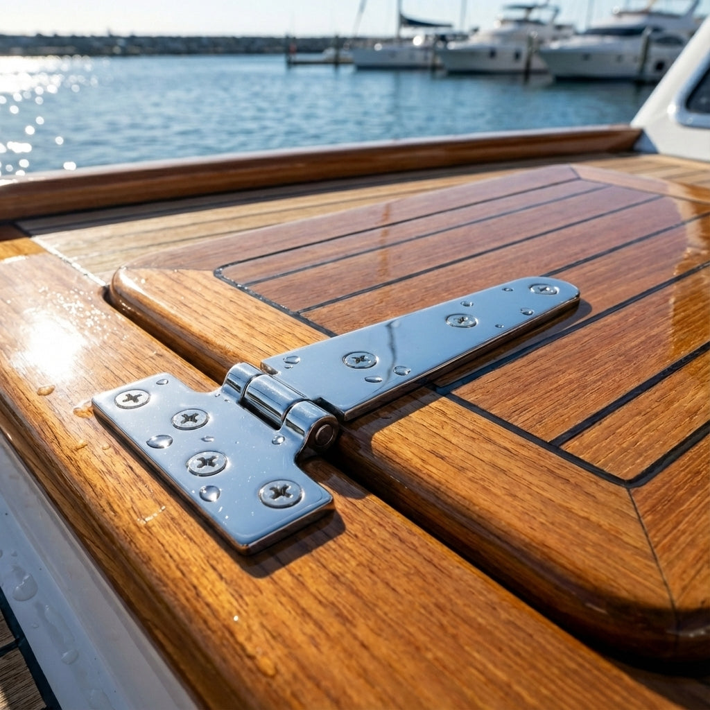 Large 6 inch stainless steel T hinge installed on a heavy wooden boat hatch
