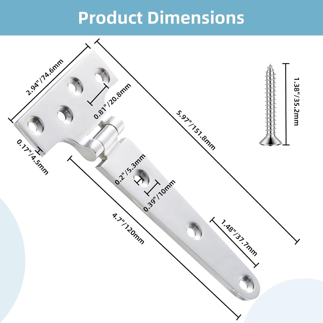 Dimensions of 6 inch marine strap hinge showing 152mm length and 4.5mm thickness