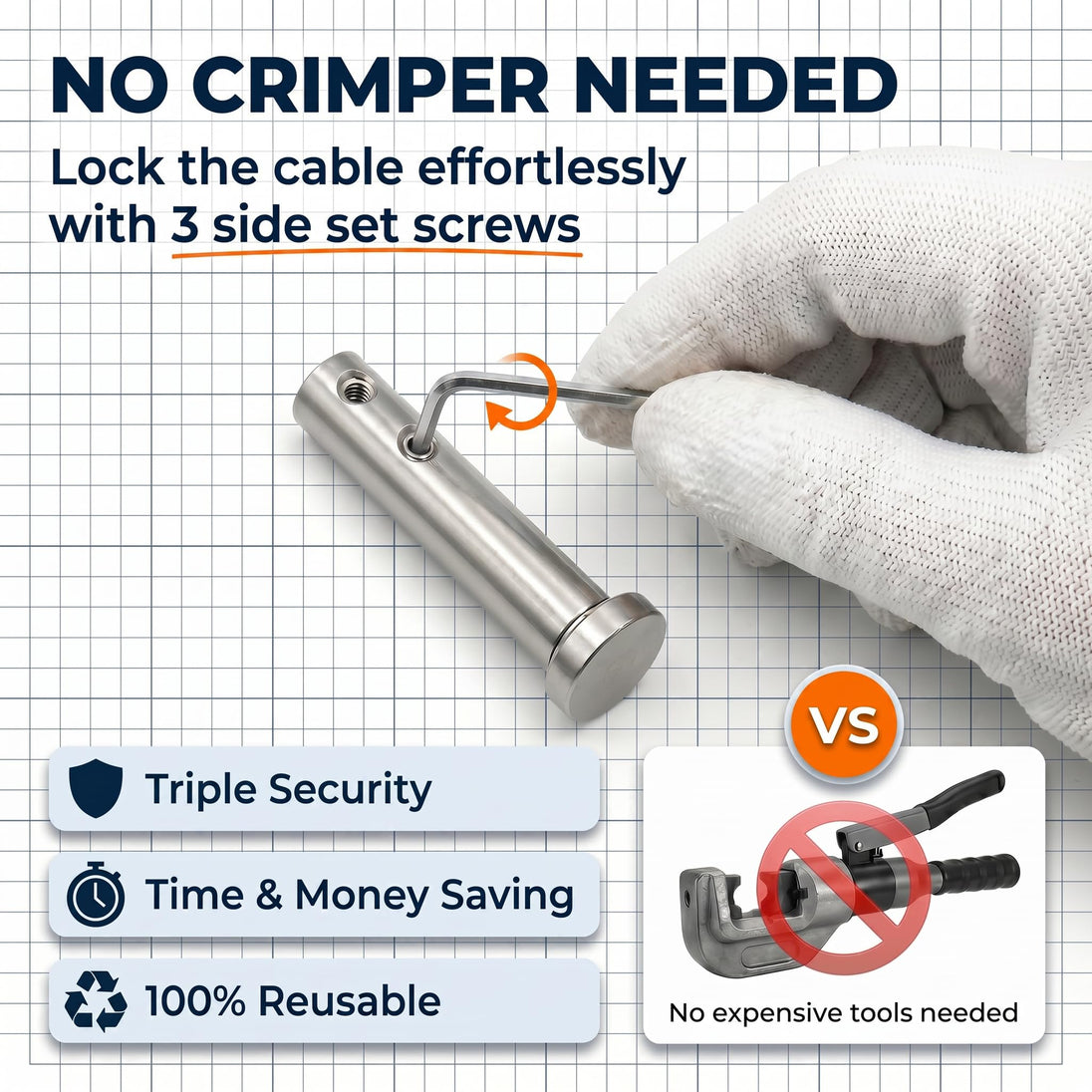 Swageless cable railing installation requires no hydraulic crimper, locks easily with 3 set screws