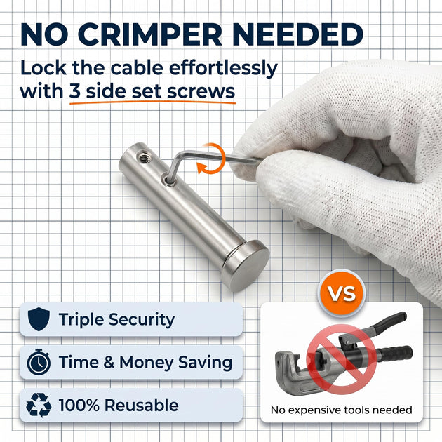 Swageless cable railing installation requires no hydraulic crimper, locks easily with 3 set screws