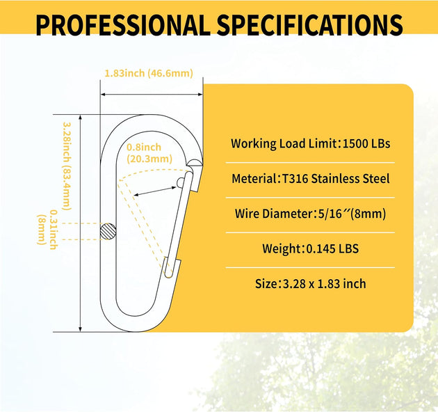 Technical dimensions and professional specifications for 8mm RiaYer spring snap hook.