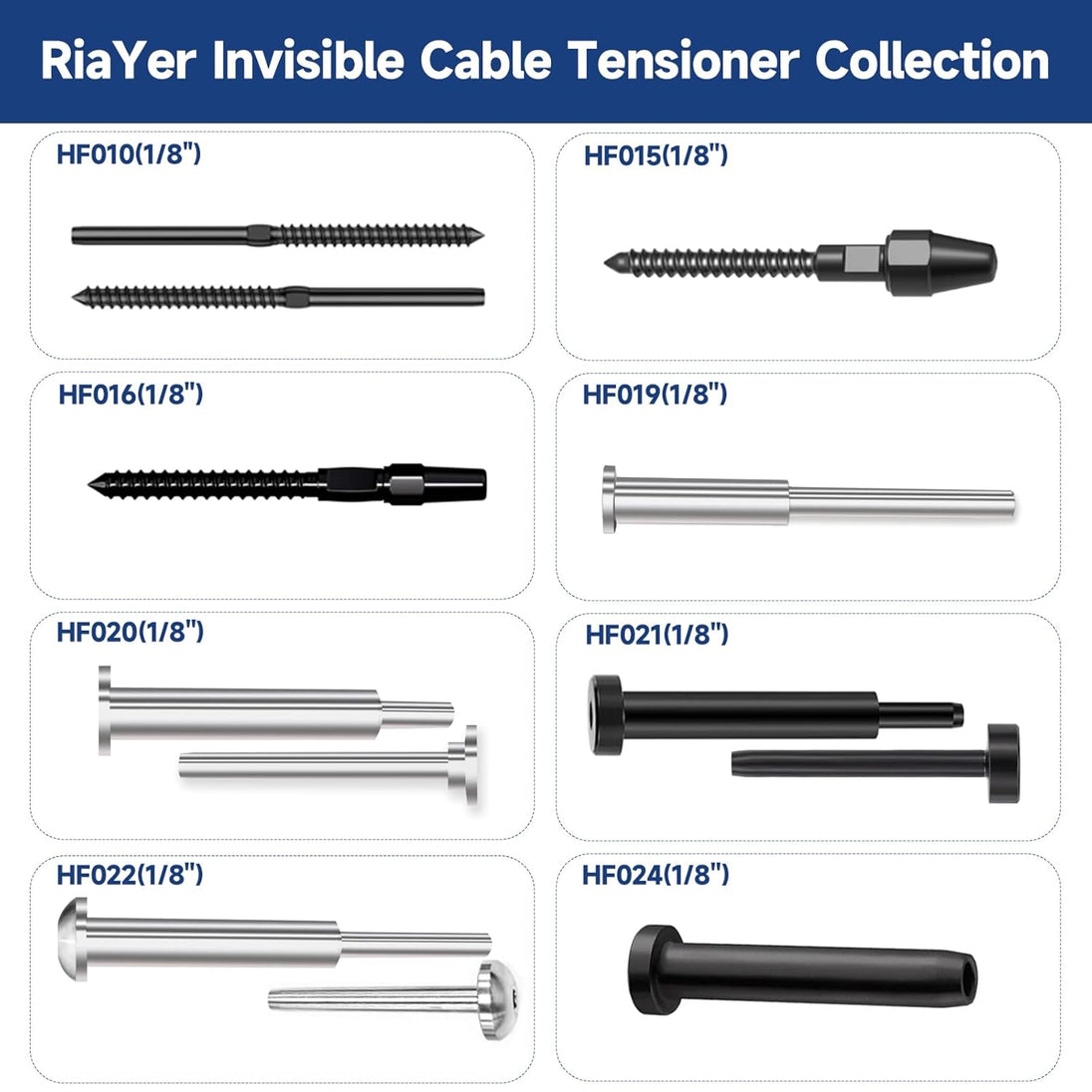 Collection of various RiaYer invisible cable railing tensioners and hardware options for deck projects.