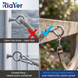 Side-by-side comparison of RiaYer M6 spring snap hook vs open eye hook (rope slip risk) and closed ring hook (requires extra carabiner), highlighting one-hand click operation and storm-proof performance in outdoor wooden railing scene