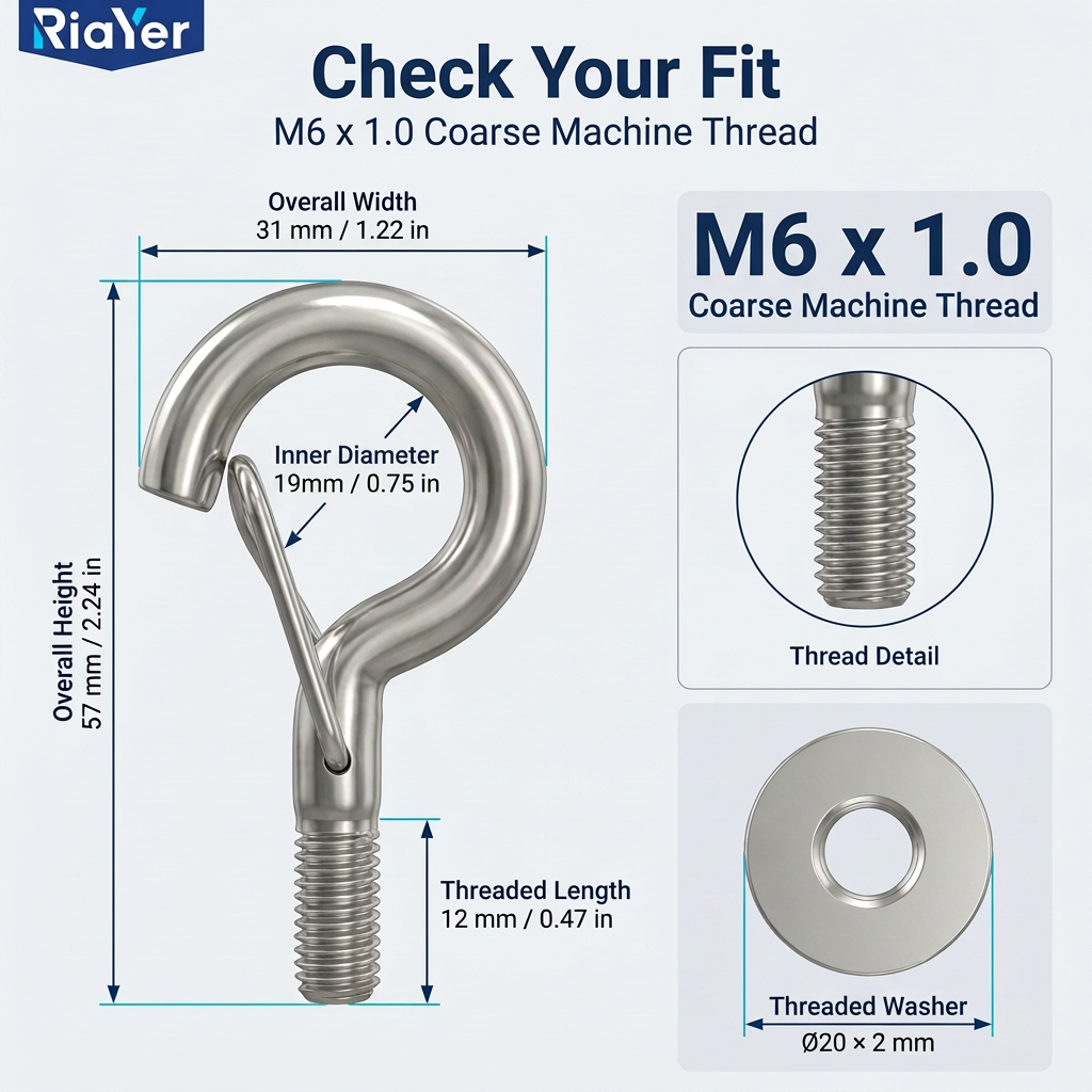 RiaYer M6 x 1.0 coarse machine thread stainless steel spring snap hook dimensional chart, marking overall width 31mm, overall height 57mm, inner hook diameter 19mm, threaded length 12mm, with close-up thread detail and Ø20×2mm threaded washer dimensions