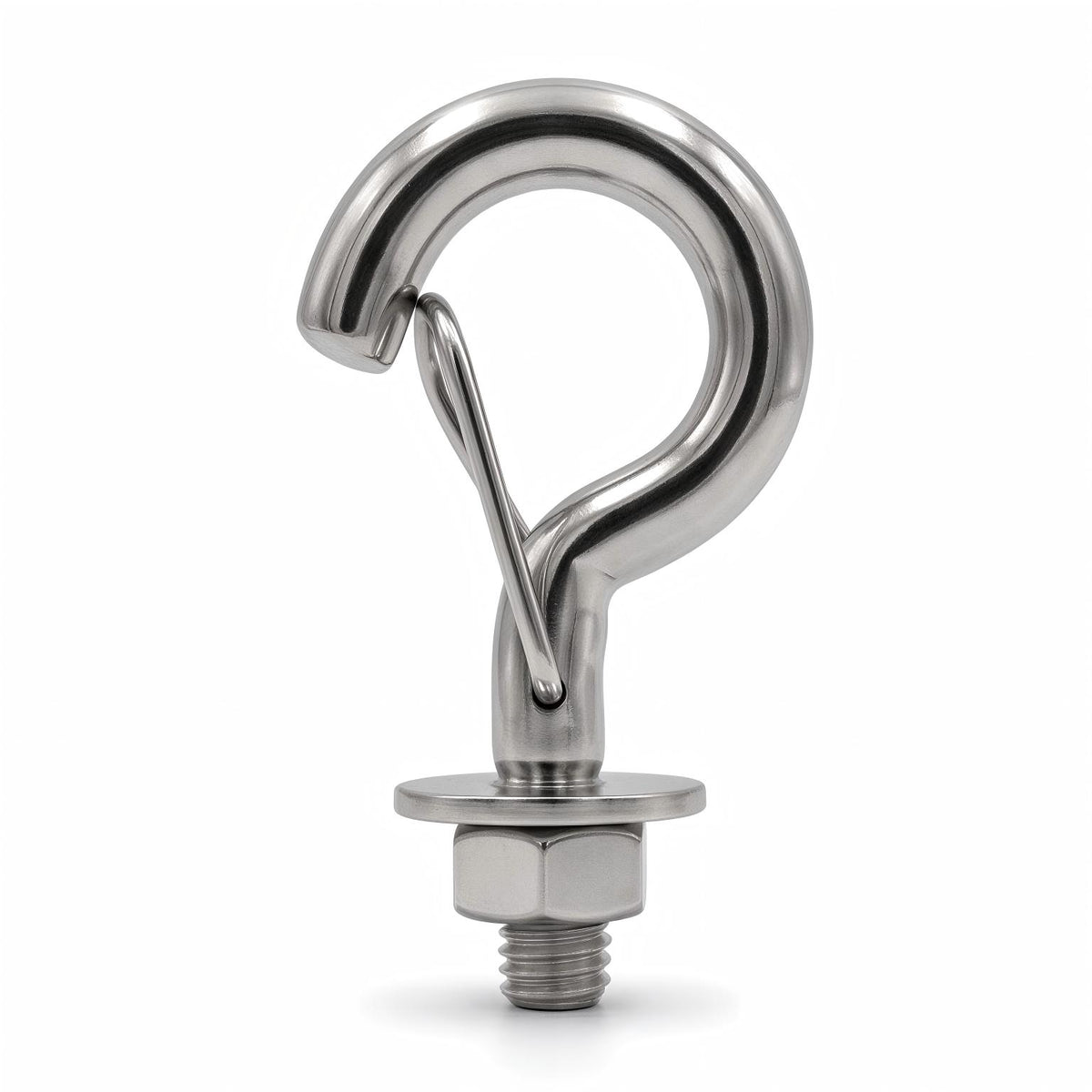 Polished stainless steel M6 spring snap hook with threaded bolt, flat washer and hex nut, fully assembled and displayed on a clean white background