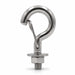 Polished stainless steel M6 spring snap hook with threaded bolt, flat washer and hex nut, fully assembled and displayed on a clean white background