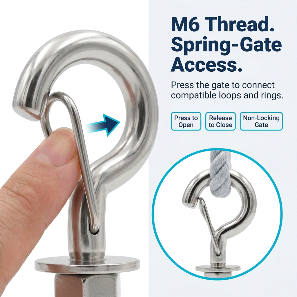 M6 threaded stainless steel spring snap hook spring-gate access demonstration, finger pressing the safety gate to open, illustrating press to open, release to close, non-locking gate design with rope hanging application example