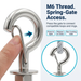 M6 threaded stainless steel spring snap hook spring-gate access demonstration, finger pressing the safety gate to open, illustrating press to open, release to close, non-locking gate design with rope hanging application example