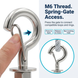 M6 threaded stainless steel spring snap hook spring-gate access demonstration, finger pressing the safety gate to open, illustrating press to open, release to close, non-locking gate design with rope hanging application example