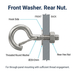 Cross-section assembly diagram of M6 stainless steel spring snap hook for through-panel mounting, labeling hook side, front Ø20×2mm threaded round washer, and rear hex nut for secure thread engagement