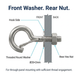 Cross-section assembly diagram of M6 stainless steel spring snap hook for through-panel mounting, labeling hook side, front Ø20×2mm threaded round washer, and rear hex nut for secure thread engagement