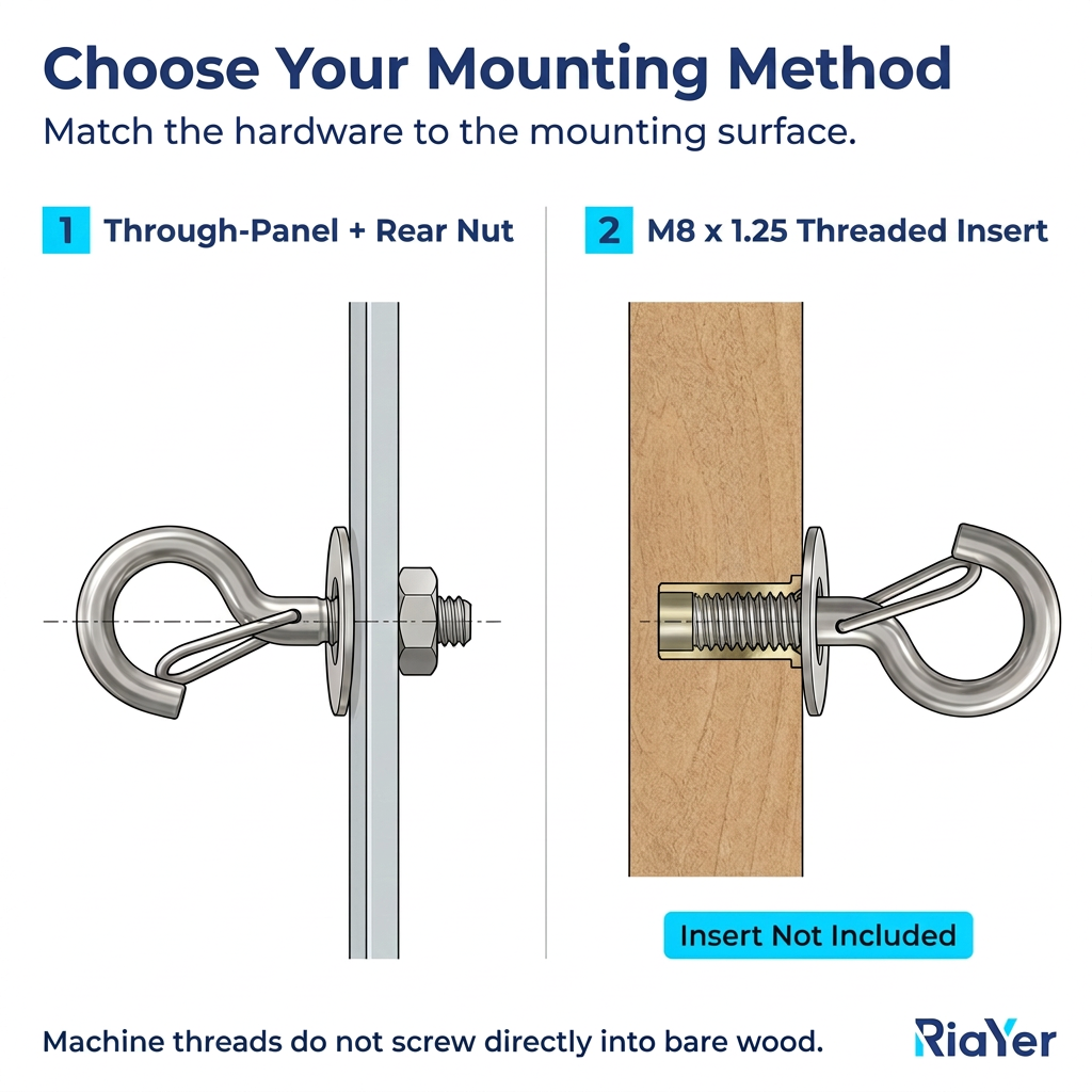 Installation guide for RiaYer M8 stainless steel spring snap hook, showing two mounting methods: 1. Through-Panel + Rear Nut for panel surfaces, 2. M8 x 1.25 Threaded Insert for wood, with note that machine threads do not screw directly into bare wood
