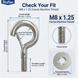 RiaYer M8 x 1.25 coarse machine thread stainless steel spring snap hook dimensional chart, marking overall width 38mm, overall height 66mm, inner eye diameter 22mm, threaded length 15mm, with close-up thread detail and Ø22×2mm threaded washer dimensions