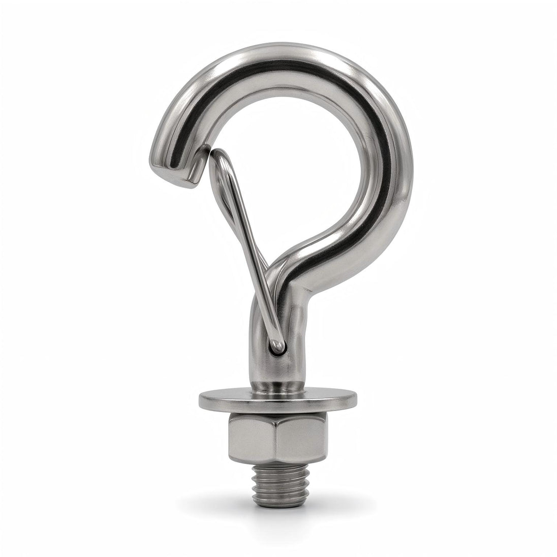 Polished stainless steel M8 spring snap hook with threaded bolt, flat washer and hex nut, fully assembled and displayed on a clean white background